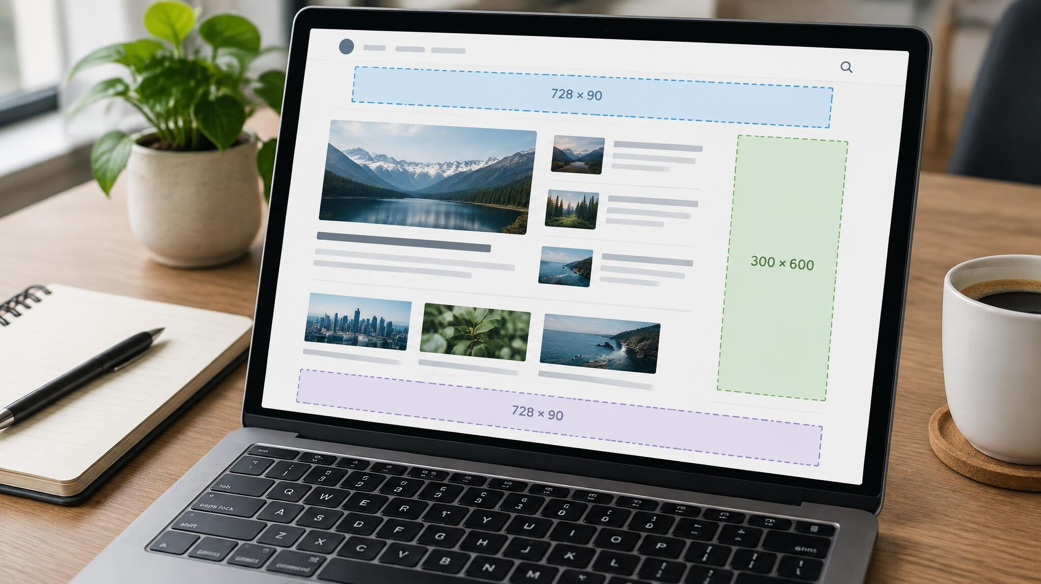 Laptop screen showing a website layout with ad space