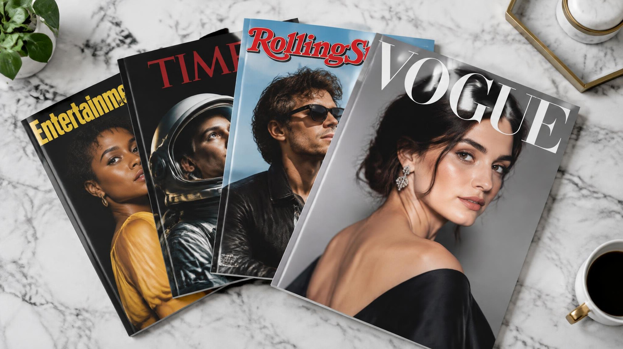 Stack of glossy magazine covers